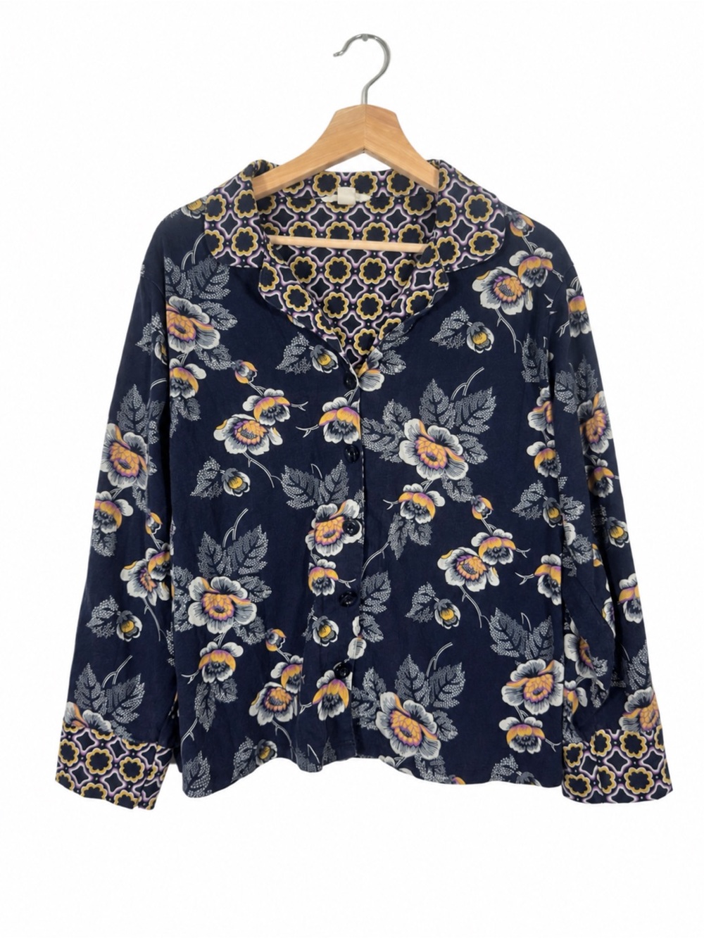 Vera Bradley Women's Floral Top 100% Cotton Size XL Blue Yellow Grandmacore Cozy